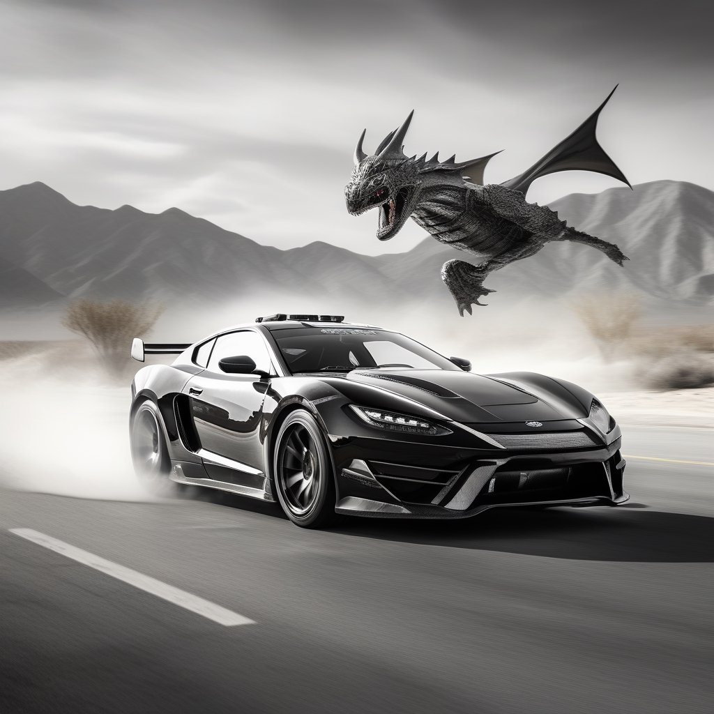 Black and white Police car ,
Flying Dragon in the background, 

,c_car,APEX SUPER CARS XL ,echmrdrgn,action shot