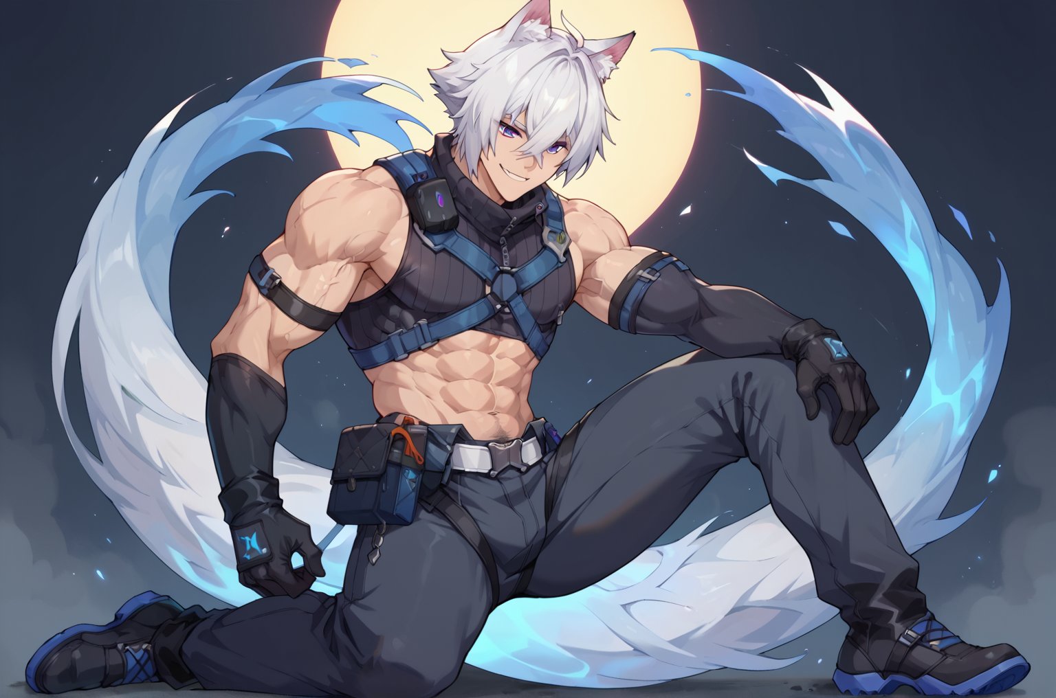 score_9,score_8_up,score_7_up,score_6_up,score_5_up,score_4_up,source_anime, BREAK,1boy, solo, focus boy male, Seth_Lowell, short hair, hair between eyes, white hair, purple eyes, wolf ears, long tails, sleeveless_shirt, gloves, elbow_gloves, leg harness, long pants, black boots, ,muscular body, huge defined veiny muscles flex, tan skin, friendly smile. sexy pose