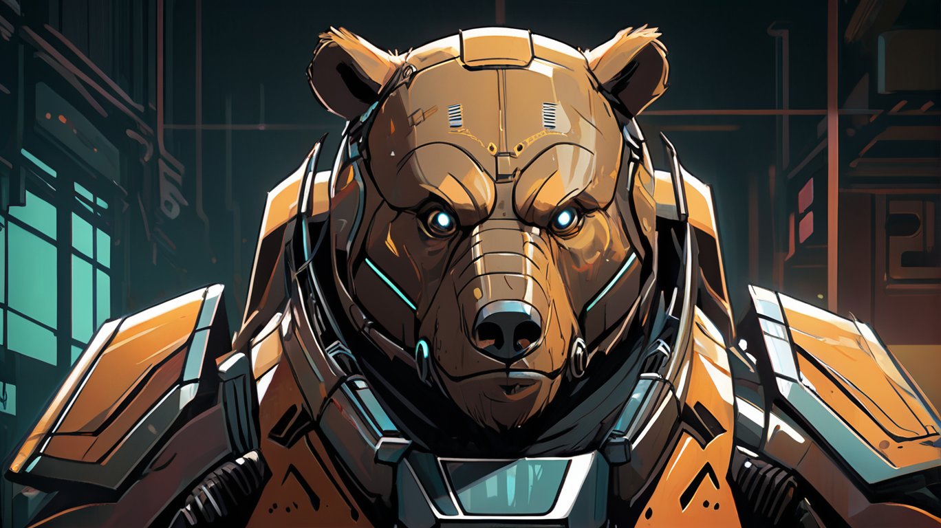 (head and shoulders portrait:1.2), bear anthropomorphic (cyberpunk:1.3) radioactive roach wearing power armor with muted tones, (strong outline sketch style:1.5), gritty fantasy, (art by Syd Mead:1.8), dark muted background, muted colors, detailed, 8k