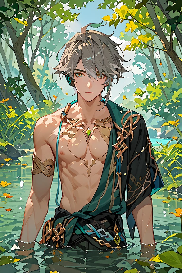 score_9, score_8_up, score_7_up, source_anime, 1boy, solo, , looking at sky, no shirt, sakura leaves, maple trees, forest, river, partially submerged in water,alhaitham,multicolored hair,grey hair,green eyes,orange pupils,earphones,aged down