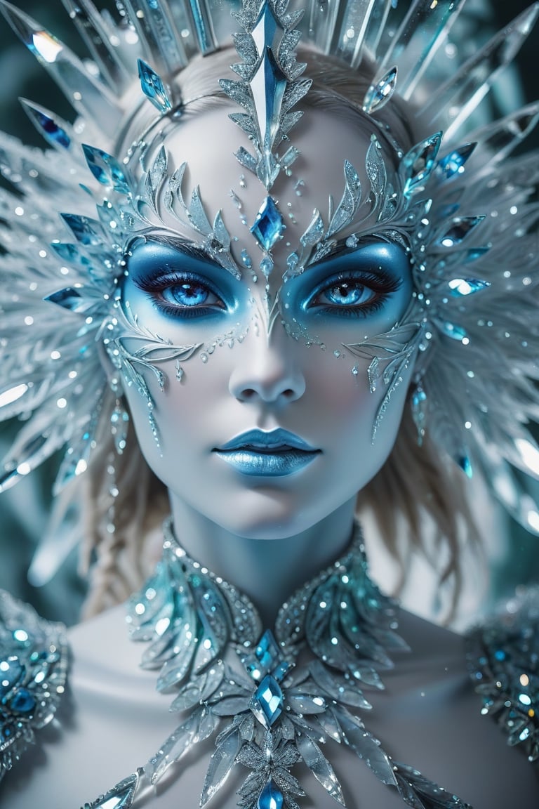 Rorschach Editorial Photography, close up Portrait, Frost Goddess, Neo Tribal frost Art, ((Background Christmas Tree:1.2) Bokeh:0.7), frost crystal,Glass Elements