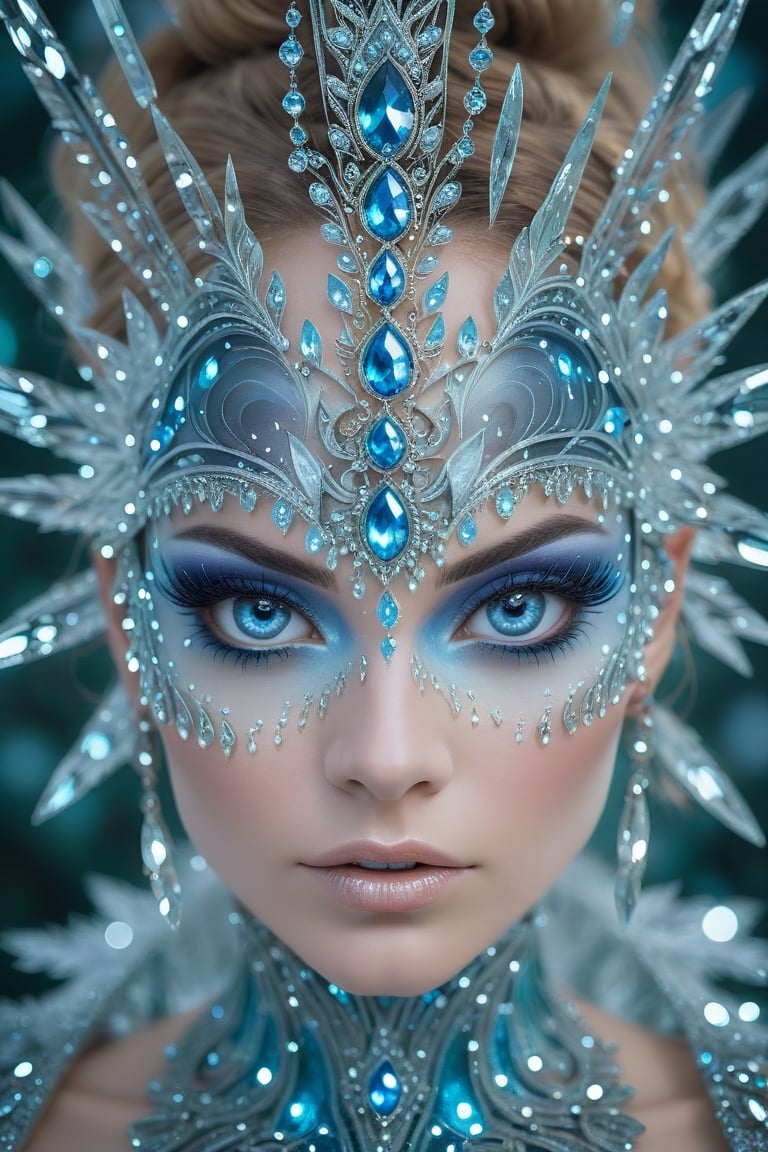 Rorschach Editorial Photography, close up Face, Frost Goddess, Neo Tribal frost Art, detailed skin, ((Background Christmas Tree:1.2) Bokeh:0.7), frost crystal,Glass Elements,(Transperent Parts),BIG EYES