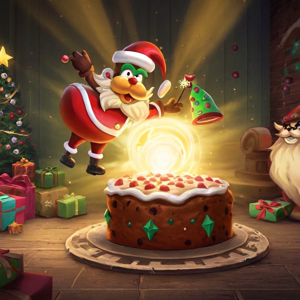 christmas art, madness style, santa claus, fruitcake, harmonious and unified, full of anticipation and excitement, nostalgic and reminiscent, industrial lighting, cartoon moonster, bangerooo