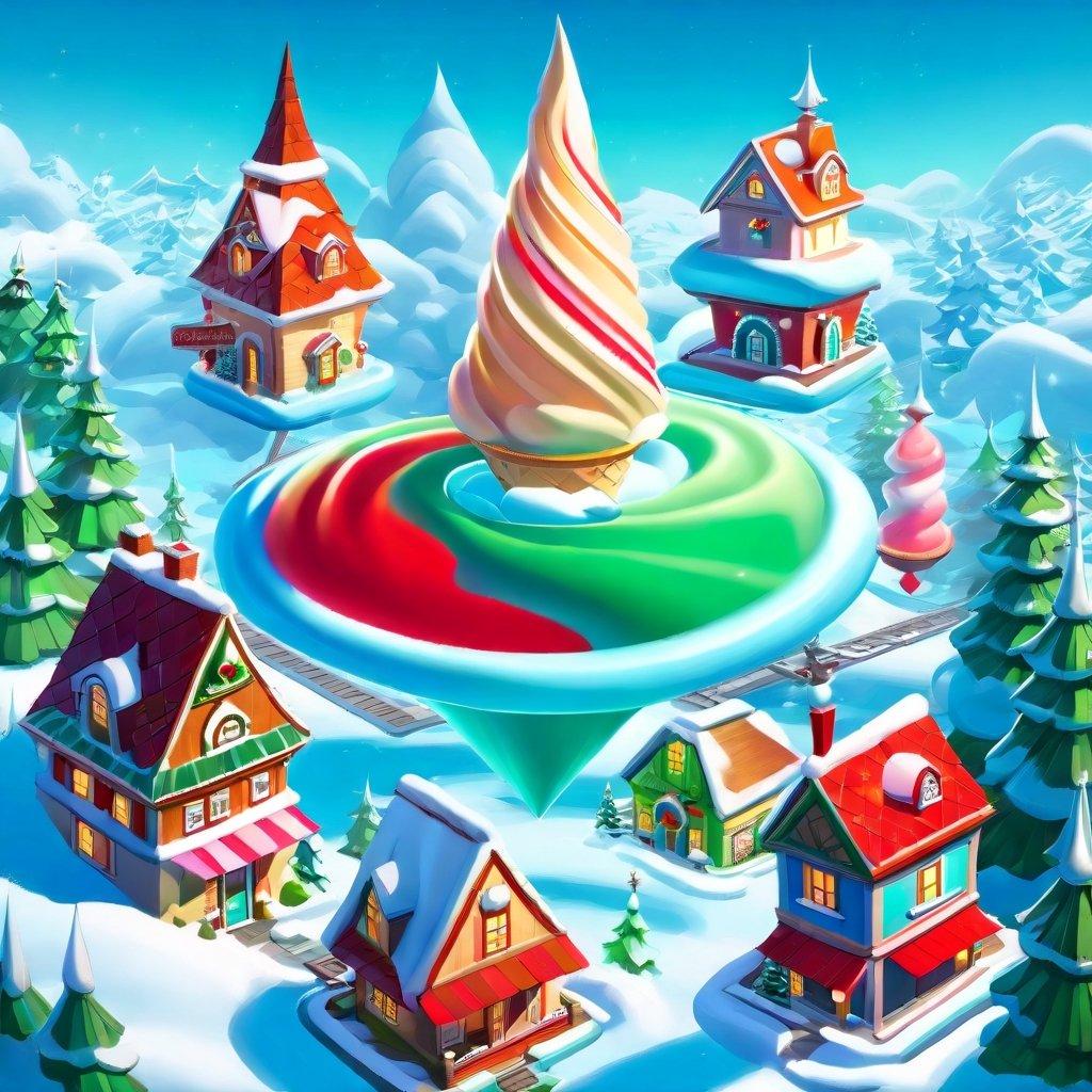 SnowStyle city, Christmas mood, ((((floating))) (huge three scoops ice cream (((city levitating))) melting) (in the sky)), white-red-green glowing, (ice cream city on sky) palace above the clouds, magical reality, in a waffle cone, santa claus house, christmas forest