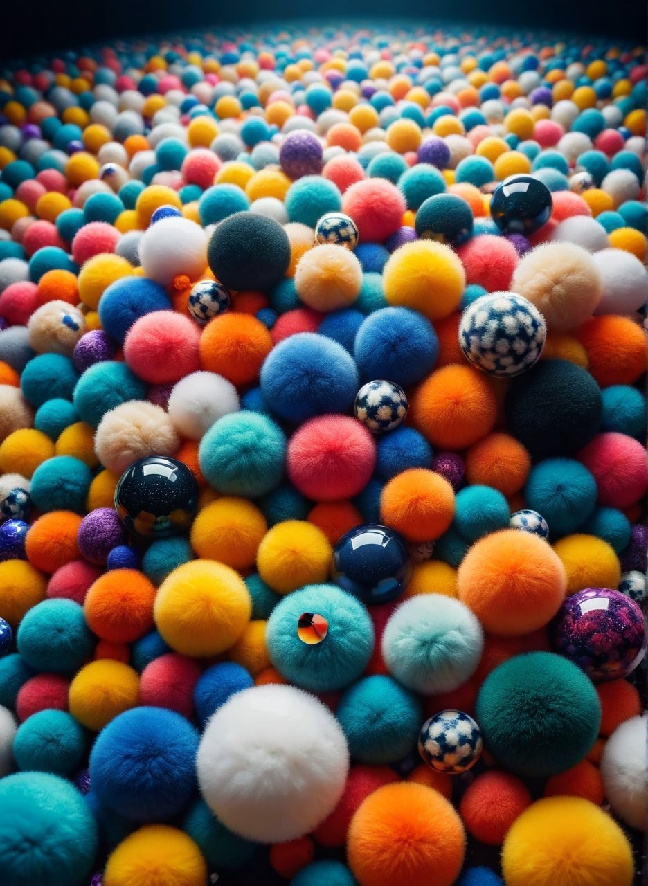 Fish eye lens, close up angle of ((Different balls floating on air)), (dist) , detailed focus, deep bokeh, beautiful, dreamy colors, dark cosmic background, Visually delightful,ral-flufblz