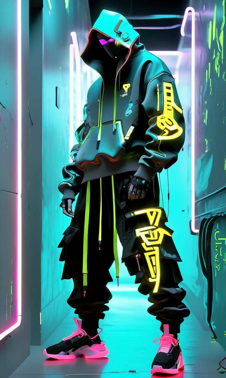 Full-length, standing in the corridor, 1guy dressed in a sweatshirt, cyber mask connected to a hood, wide trousers with pockets, neon elements on the clothes glow, dark, masterpiece. (Cyberpunk style). TechStreetwear,Digital_Madness,TechStreetwear,Glass Elements,neon photography style,ByteBlade