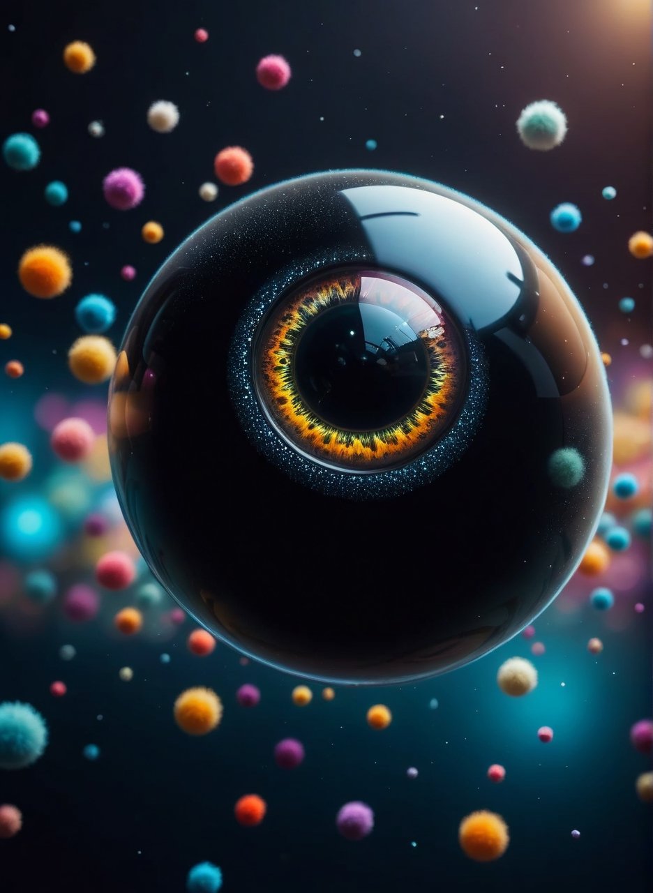 Fish eye lens, close up angle of ((black floating on air)), (dist) , detailed focus, deep bokeh, beautiful, dreamy colors, dark cosmic background, Visually delightful,ral-flufblz