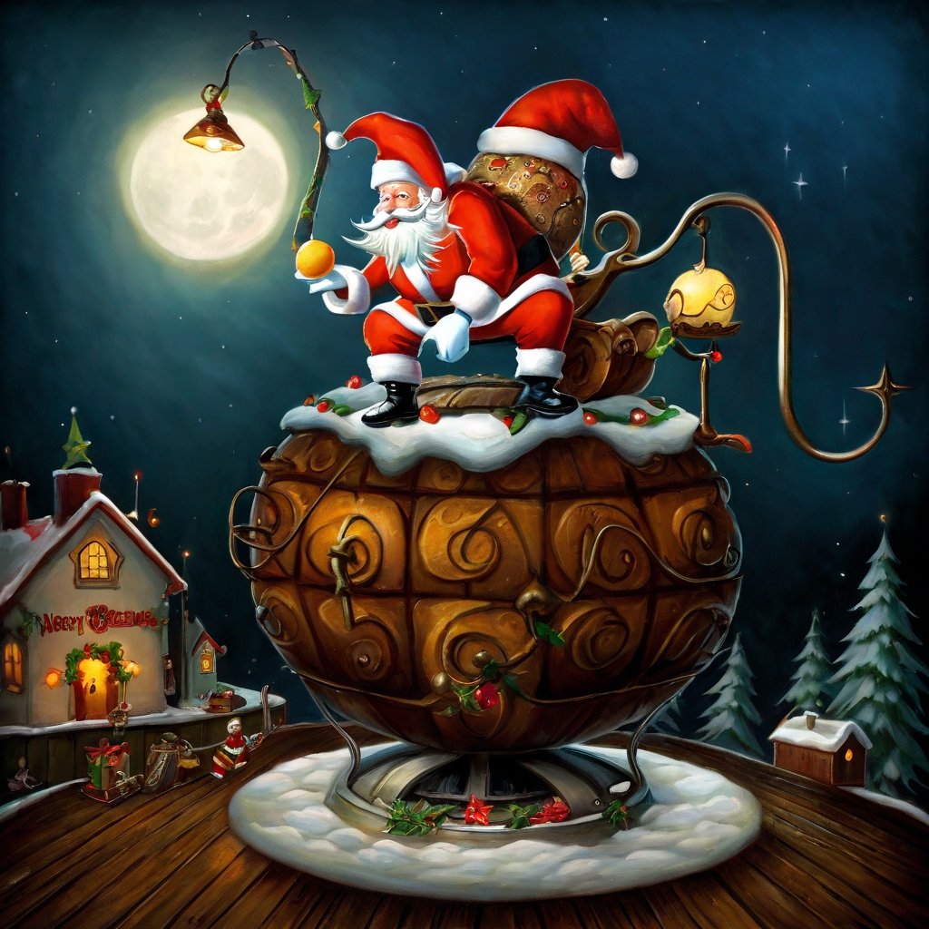 christmas art, madness style, santa claus, fruitcake, harmonious and unified, full of anticipation and excitement, nostalgic and reminiscent, industrial lighting, cartoon moonster, bangerooo, in the style of esao andrews