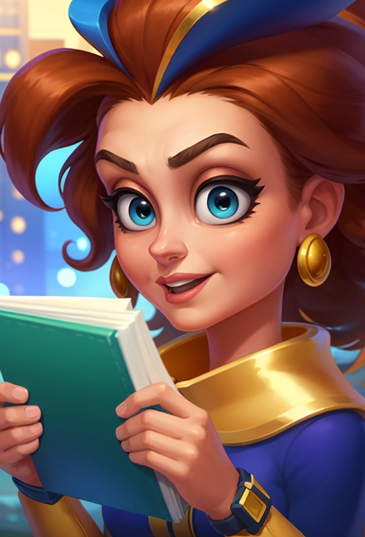 2Dcartoon, remove noise, Masterpice, best quality, high definition, extremely detailed 8k wallpaper, very clear, sorceress girl, red hair, green eyes, holding a book, in blue, with gold jewelry,