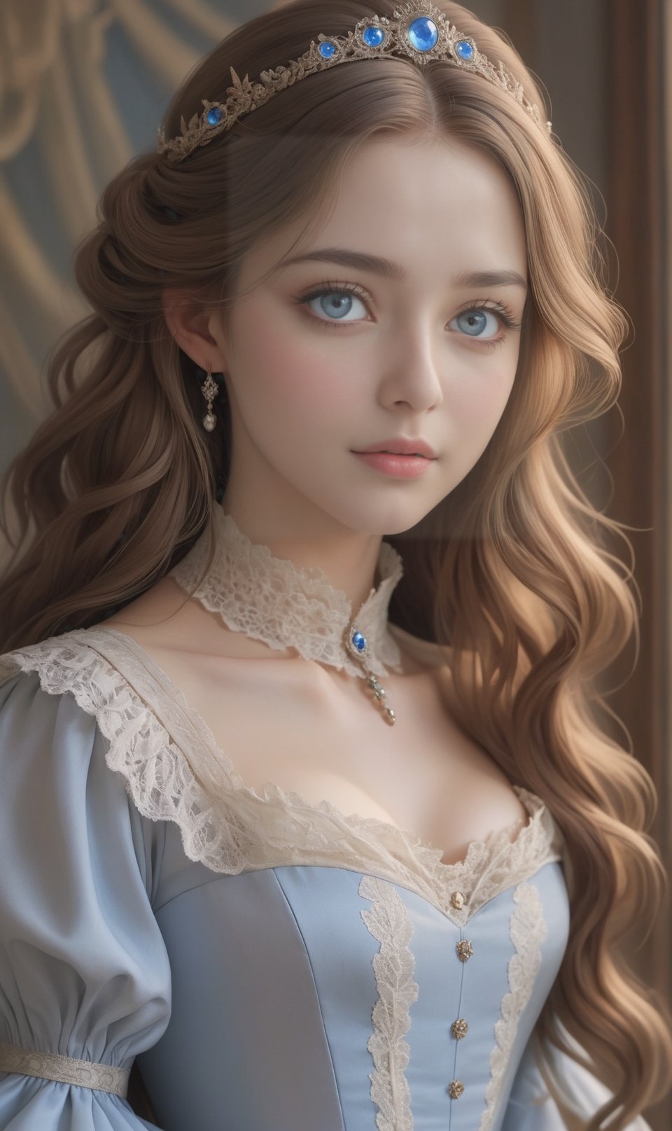 upper_body, (((masterpiece))), (((best quality,  realistic)))
((ultra-detailed)),  (detailed light)
((an extremely delicate and beautiful))
(beautiful intricate blue eyes, beautiful face:1.3), soft lighting
Long_hair, brown wavy hair, ((vintage dress 1885, extreme detail)),voldress,VICTORIAN DRESS,aw0k euphoric style