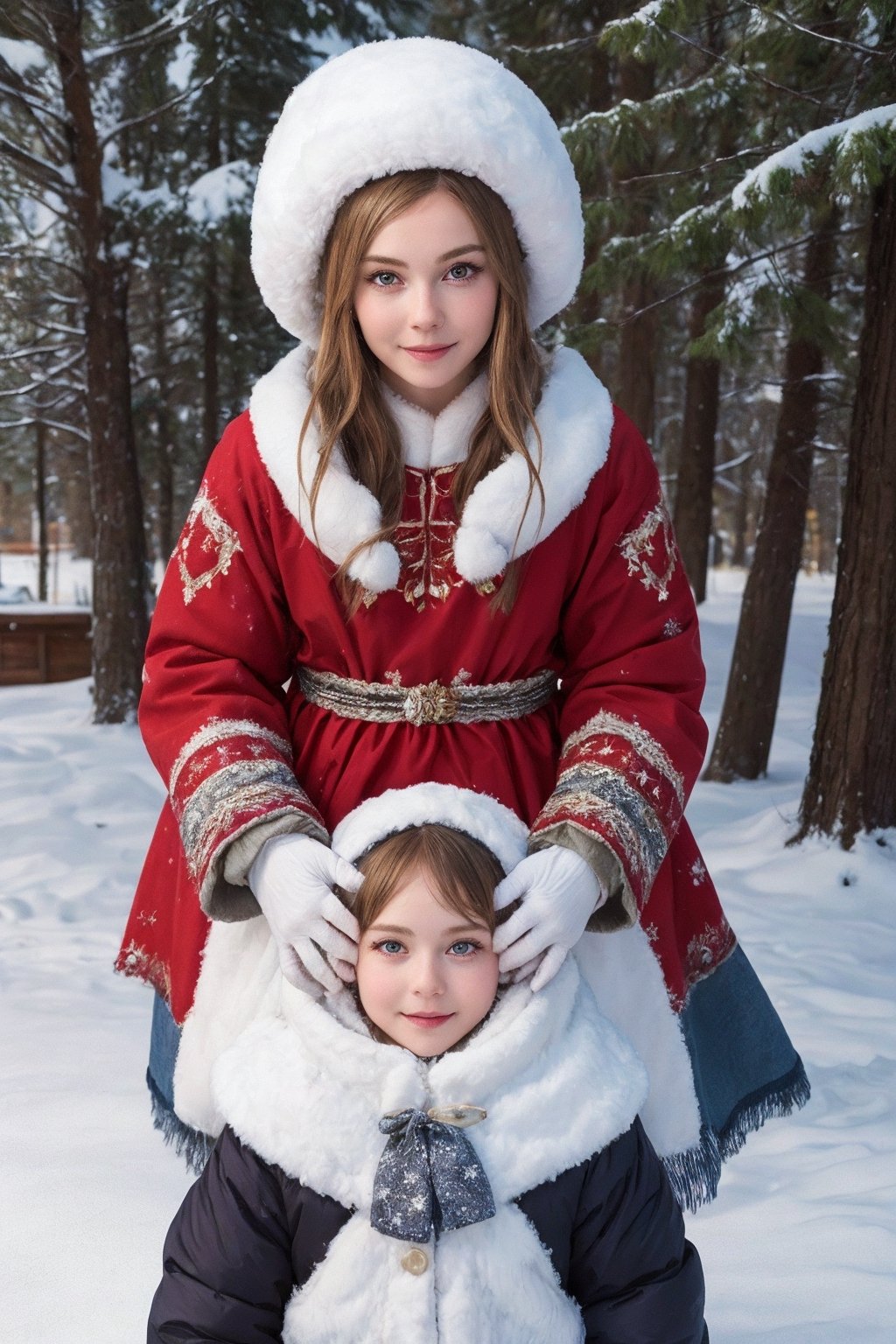 man in a Ded Moroz clothes,with Snow maiden, (Masterpiece:1.3) (best quality:1.2) (high quality:1.1)