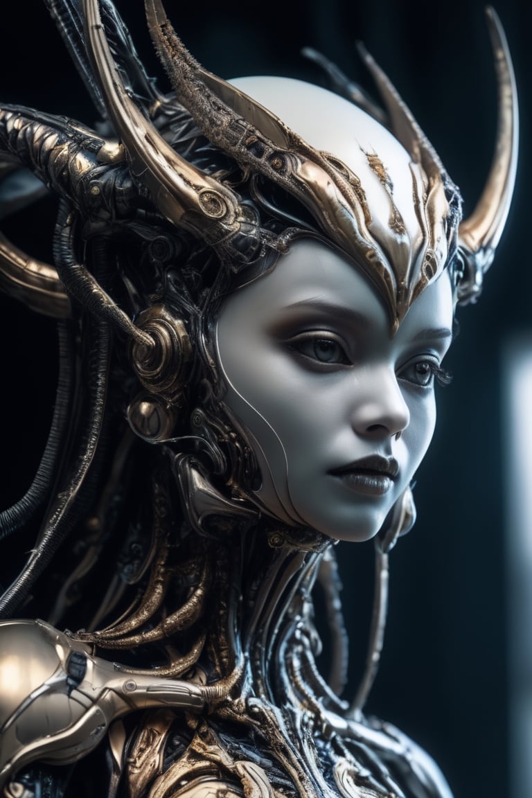 A half-body portrait of alien fantastic cyber ballerina with intricate huge hairstyle,  by H.R.Giger and Giuseppe Arcimbol...