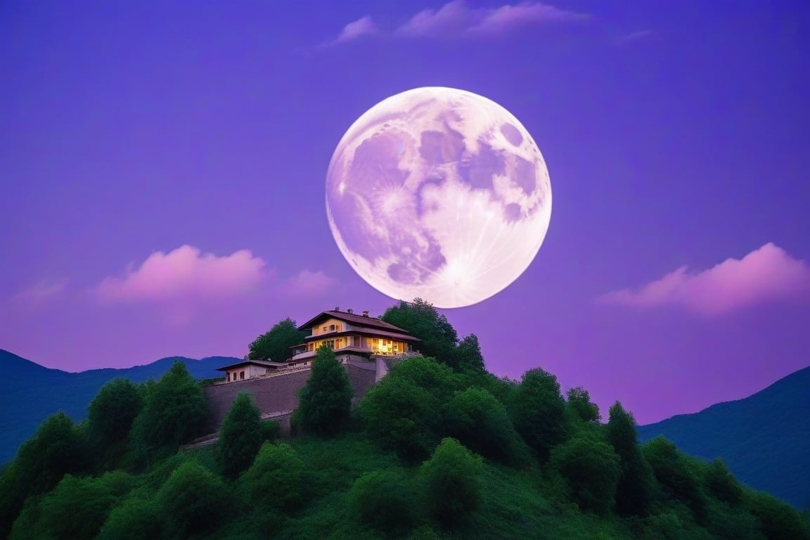 aesthetic, architecture, cloud, cloudy sky, full moon, moon, mountain, night, no humans, outdoors, purple sky, scenery, sky, tree