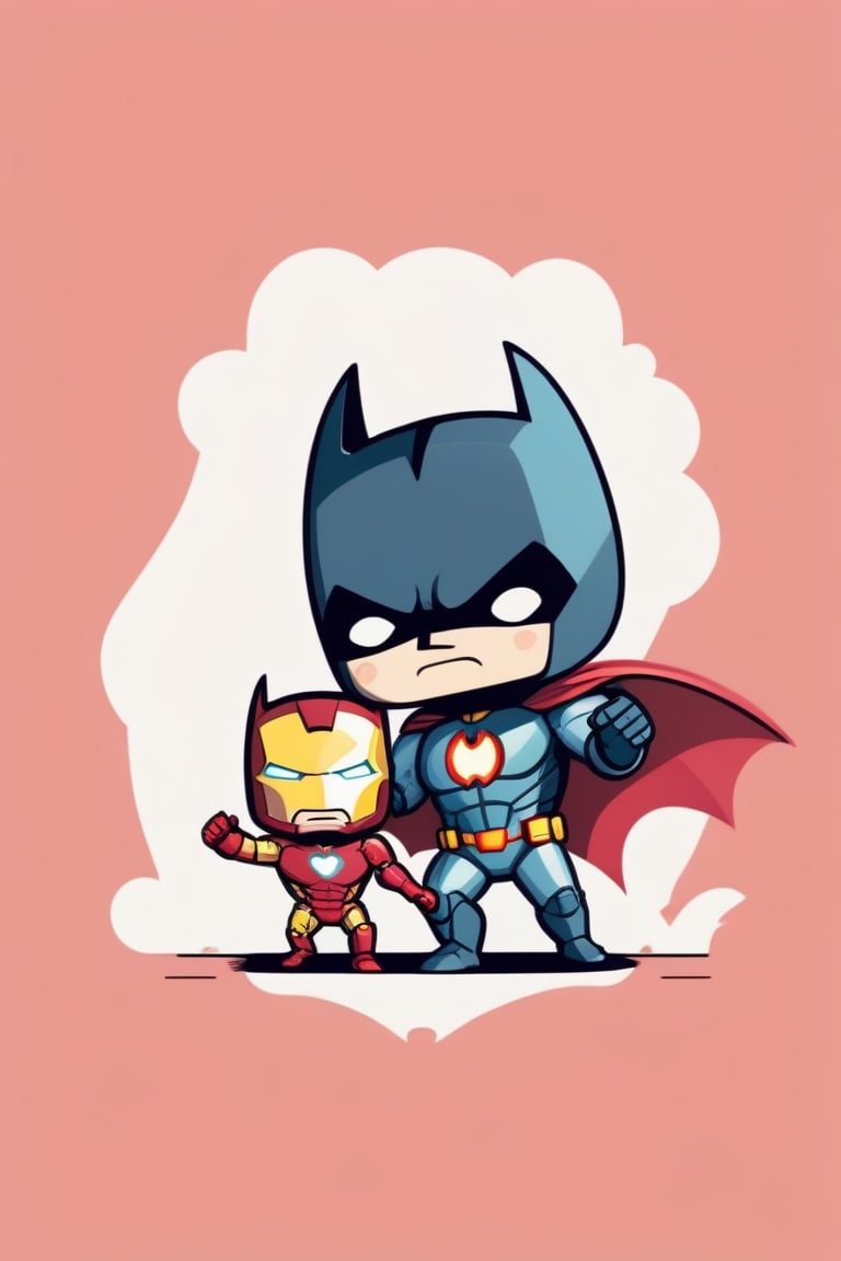 Colorful, flat vector, white background, batman vs Ironman , chibi, pastel-color, creative