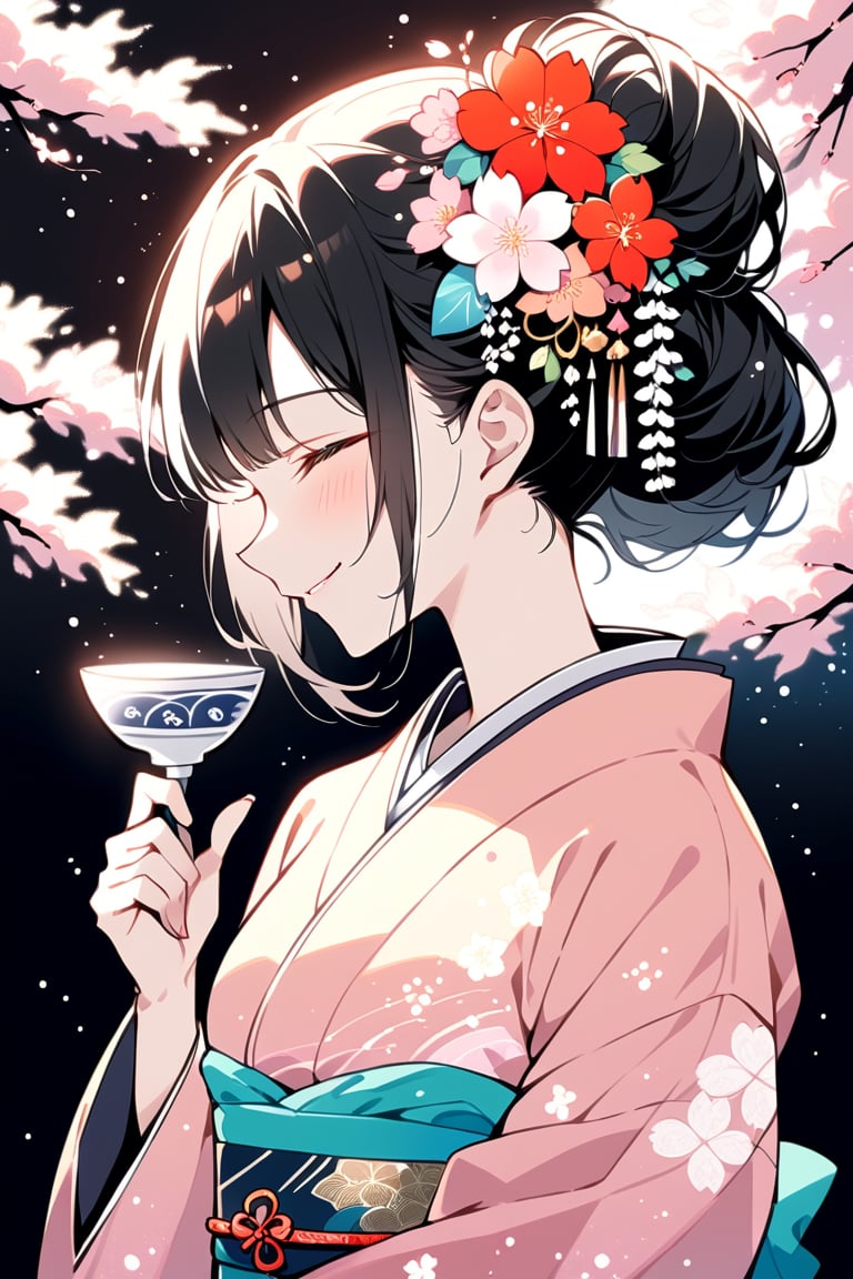 Masterpiece, Top Quality, Beautiful Feeling, 1 Woman, Solo, Blush, Smiling, Bangs, Black Hair, Hair Ornament, Holding, Mouth Closed, Eyes Closed, Upper Body, Flower, Kimono, Hair Flower, Kimono, Odangou Hair, Side View, Cup, Sake Cup, Obi, Sparkle, Profile, Obi, Floral Pattern, Single Odangou Hair, Black Background, Cherry Blossoms, Sake Cup Holding, Light Particles, Sake Cup, Bokeh,flat style,shiny,glitter