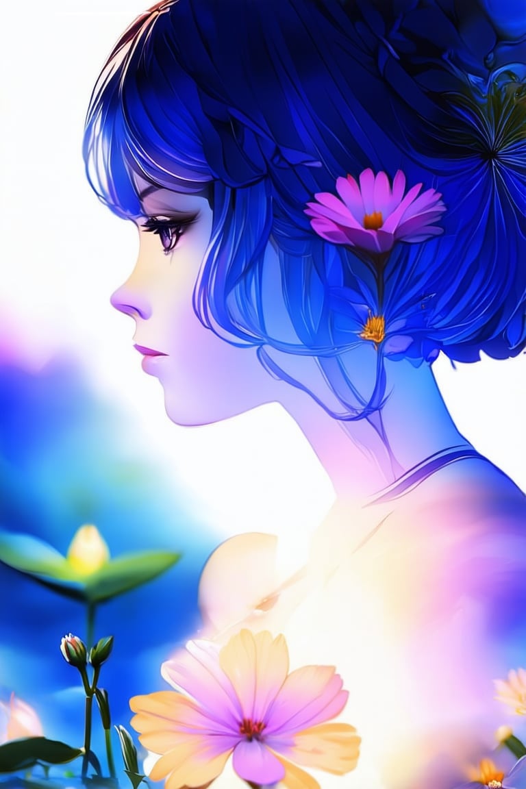 anime style,anime girl,
masterpiece,silhouette of a woman in profile. Inside the silhouette you can see the double exposure with a flower, masterpiece, ((double exposure)), proportional