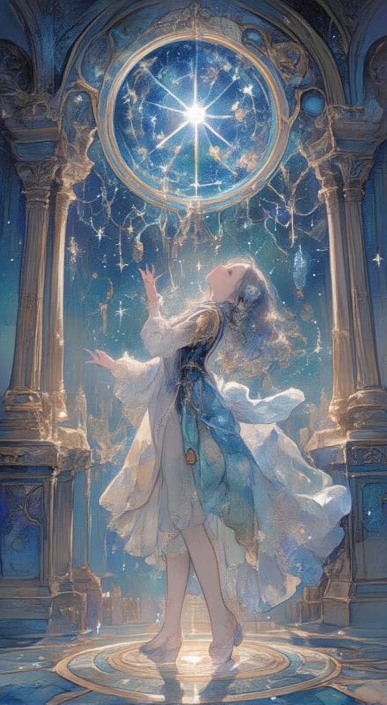 A delicate,  anime-esque girl gazes up at a celestial orb with a radiant smile,  tracing the constellations with her beaut...