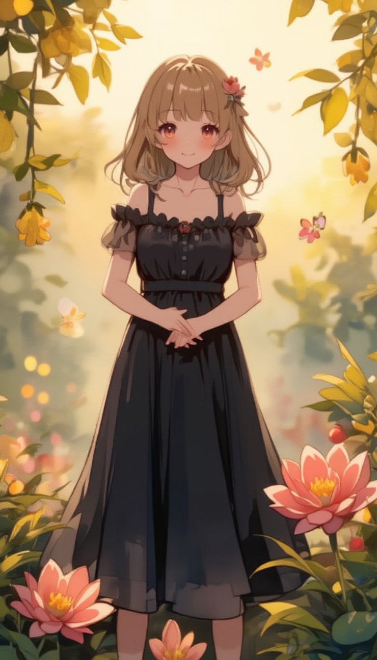 A whimsical princess, radiating an air of innocence and charm, stands amidst a vibrant flower garden bathed in warm sunshine. Her slender figure is draped in a flowing black dress, its simplicity contrasting with the fluttering butterflies that surround her. Her eyes sparkle with kindness, framed by delicate eyelids and lashes, while her hands, anatomically correct in every detail, cradle a few stray petals. The overall composition is masterful, with the princess's gentle pose and the soft focus on the garden creating a sense of serenity.,watercolor style