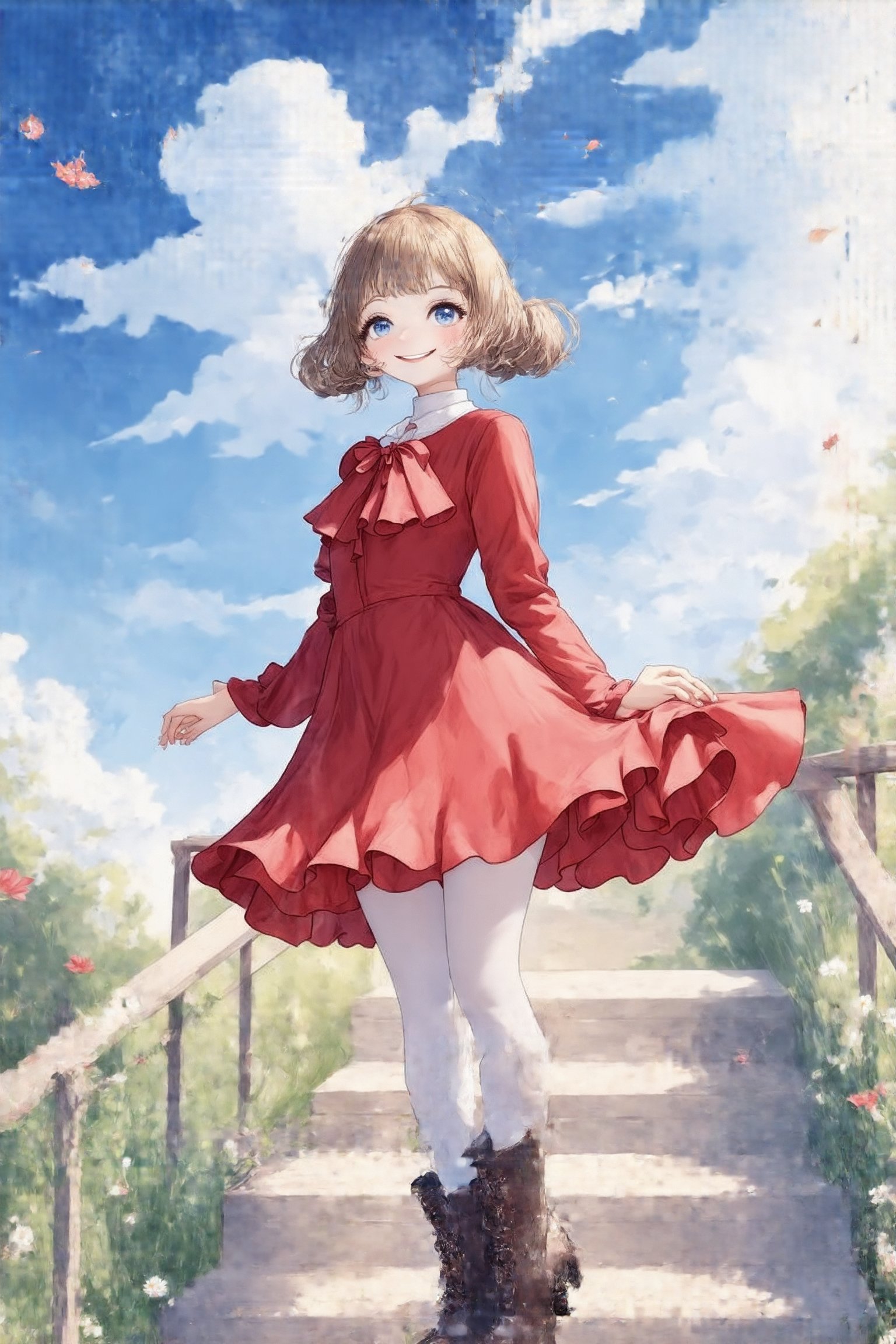 Masterpiece, Top quality, Very aesthetic, Absurd, (Top view: 1.4), Overhead, 1 girl, Solo, Smiling, Long hair, Looking at viewer, Blushing, Bangs, Blue eyes, Long sleeves, Dress, Mouth closed, Chest, Medium chest, Updo, Light brown hair, Pantyhose, Boots, Outdoors, Ruffles, Sky, Clouds, Blunt bangs, Petals, Red dress, Thick eyebrows, Cloudy sky, White pantyhose, Stairs,Watercolor