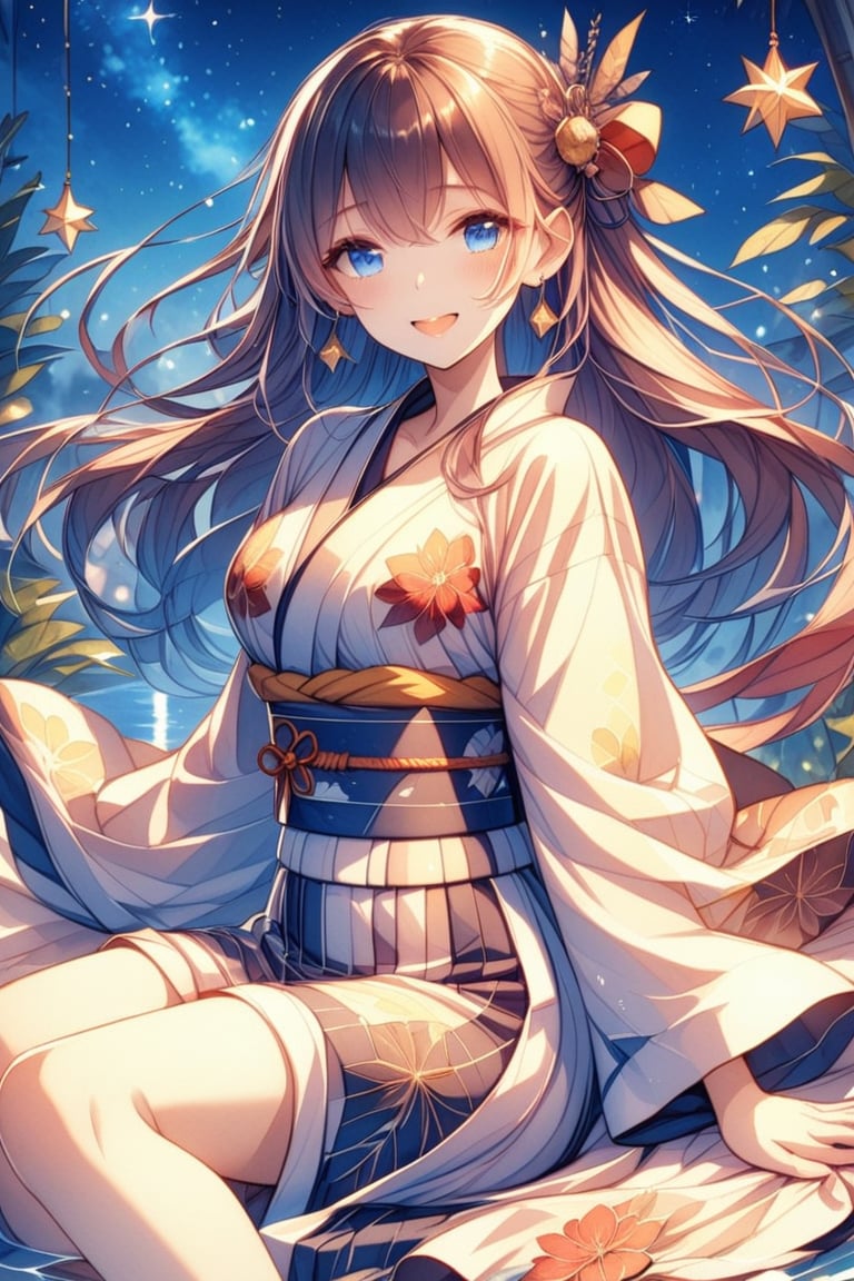 A serene masterpiece unfolds: a woman sits solo, gazing back at the viewer with blushing blue eyes, her bangs framing her face. A ribbon adorns her hair, which falls between her eyes. She wears a patterned yukata kimono, its wide sleeves billowing like clouds. Night's darkness is punctuated by the stars twinkling above, reflected in the water below, as bamboo leaves and grass sway gently. The obi sash cinches at her waist, completing this enchanting scene under the starry sky.