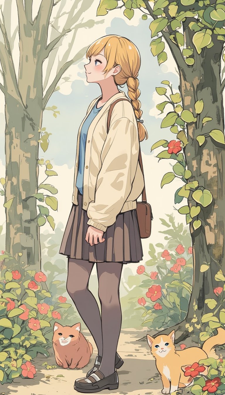 masterpiece, illustration, watercolor background, one woman, solo, long hair, skirt, blonde hair, long sleeves, standing, braids, flowers, pantyhose, pleated skirt, outdoors, shoes, bag, profile, tree, single braid, profile view, animals, plants, cat, shoulder bag, cardigan, walking,watercolor style