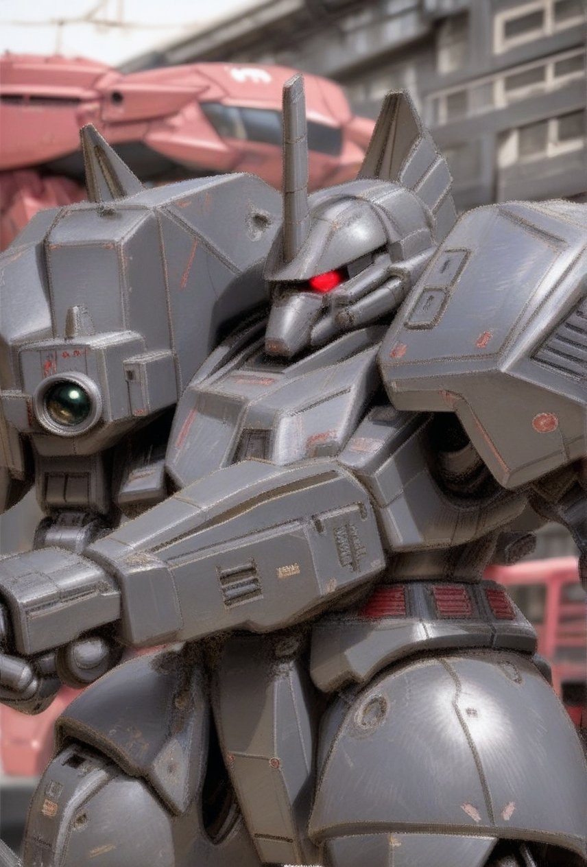 The Principality of Zeon's next-generation main mass-produced mobile suit, the MS-14B Johnny Ridden's Gelgoog, has been recreated in a completely realistic three-dimensional form using the latest SFX technology. It is painted in a crimson and black color scheme, and is equipped with a horn-shaped blade antenna (mono-eye camera on the head), a shield, and a bazooka., robot