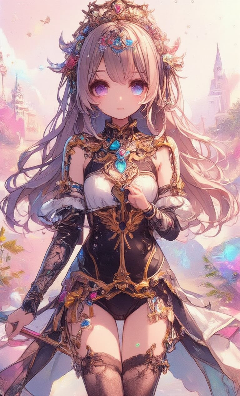 Generates an image of a beautiful young girl holding a glowing scepter at long range. She is making eye contact and sporting a gentle smile. She is wearing a very intricate skin-tight bodysuit. The bodysuit is primarily black with beautiful gold and azure accents like mystical ornaments. These ornaments are finely detailed and are placed around the shoulders, chest, waist and wrists. Her legs and arms are adorned with ornate patterns and designs. She wears an intricate tiara with glowing gemstones. The headpiece is also adorned with gold and blue jewels. Her expression is soft and ethereal, and her large expressive eyes sparkle with soft hues, reflecting the background of a pink castle landscape blurred by the shallow depth of field.,acryli painting,dal,oil painting,Anime style,colored pencil drawing