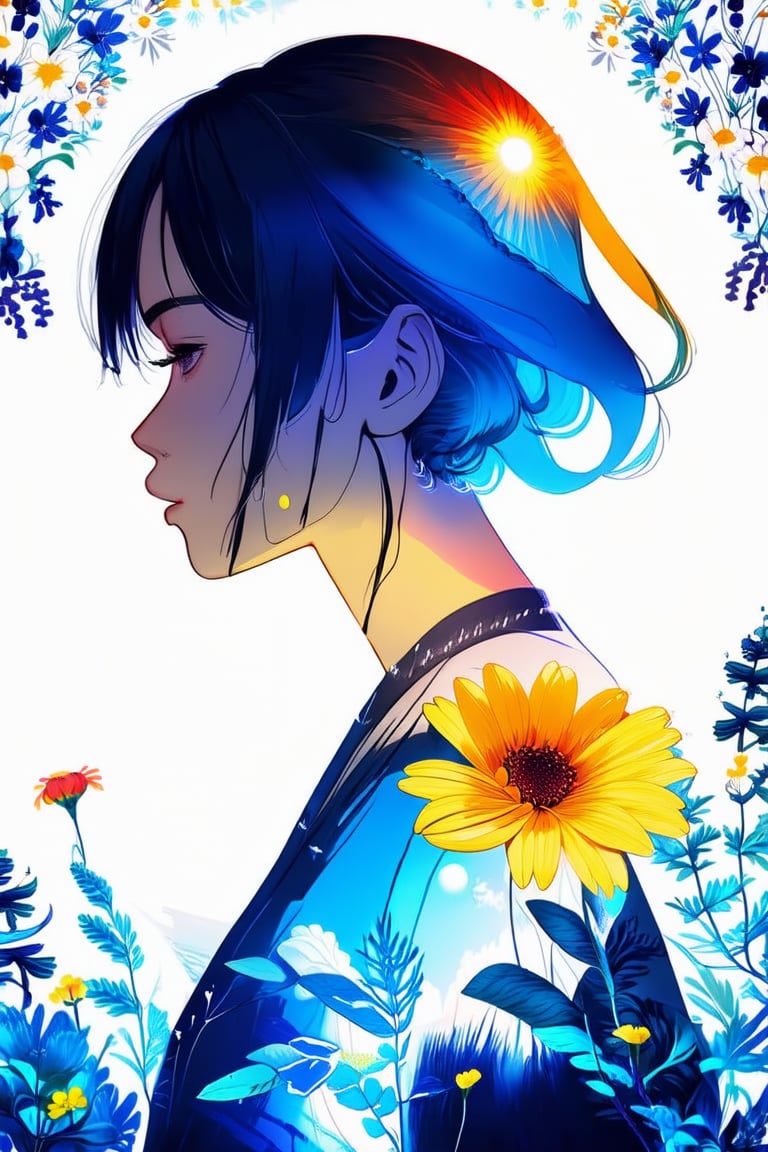 anime style,  masterpiece,  silhouette of a woman in profile. Inside the silhouette you can see the double exposure with a...