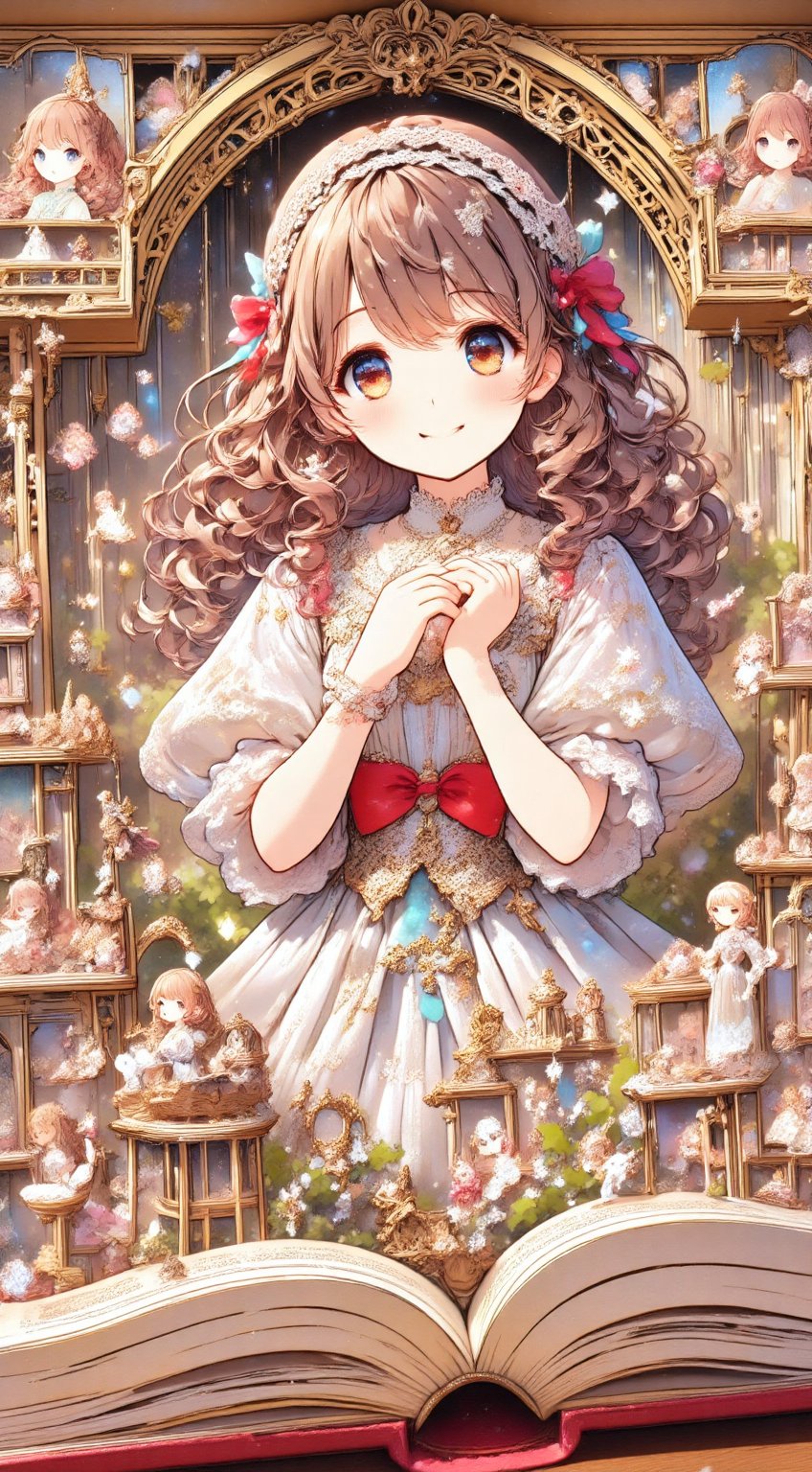 A fairy tale anime girl inside a book-shaped porta frame,  like a pop-up shadowbox,  (Outfit: Classic fairy tale style lon...