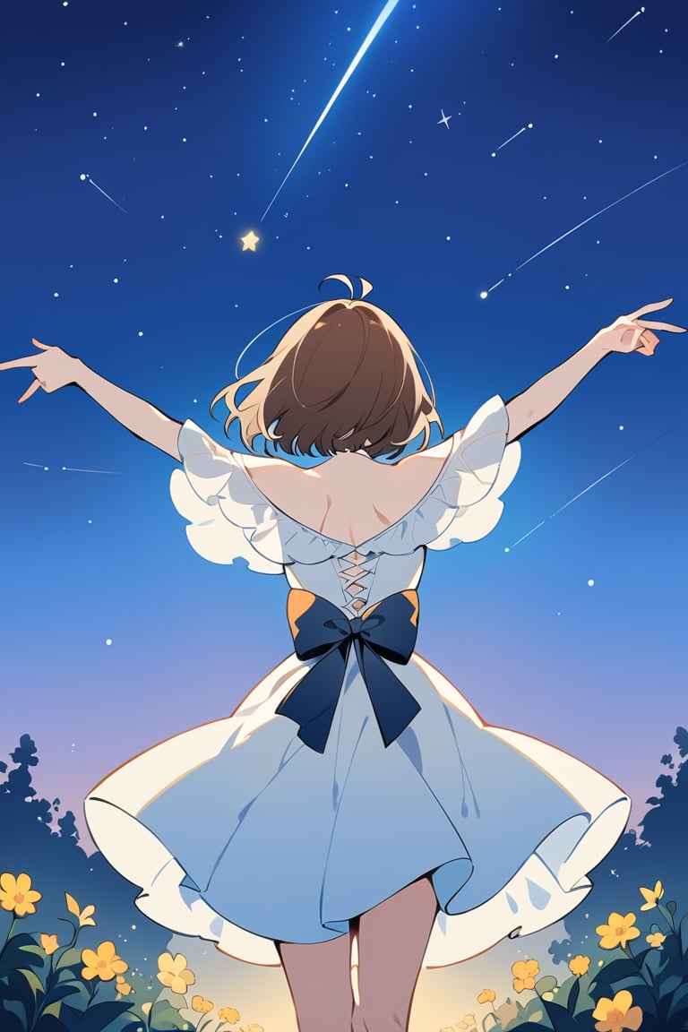 Masterpiece, best quality, beautiful feeling,
one girl, short hair, brown hair, dress, bow, standing, flower, outdoors, sky, from behind, star \(symbol\), white dress, arms up, night, antenna hair, outstretched arms, star \(sky\), night sky, starry sky, rabbit, back bow, shooting star, constellation,flat style