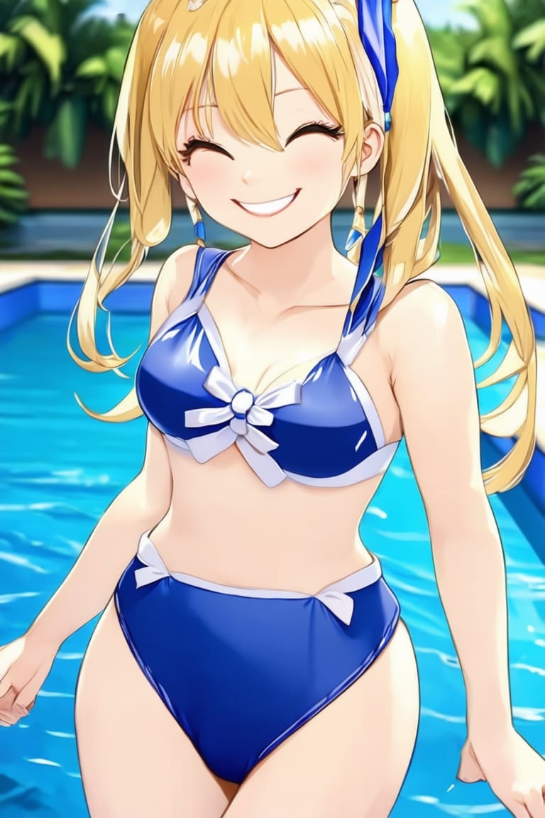 anime style,anime girl,
1girl, very beautiful girl, smiling, swimsuit, closed mouth, stunning image, smile, looking at viewer, cute pose, blonde hair, pool in background, ribbon, masterpiece quality