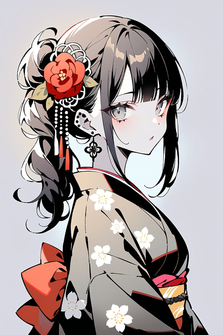 Masterpiece, best quality, beautiful sensation,
one girl, solo, long hair, staring at viewer, bangs, black hair, hair ornament, jewelry, upper body, flowers, earrings, open lips, kimono, hair flower, blunt bangs, kimono, from the side, gray eyes, makeup, piercing, floral print, red flowers, ear piercing, pale skin, lace, black kimono, black flowers,flat style