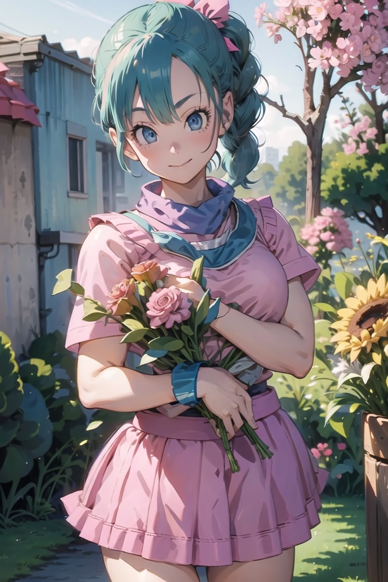 Bulma \(Dragon Ball\), light blue hair, blue eyes, smile, ((cowboy shot:1.5)), ((holding a bouquet: 1.5)),(((background Blur: 1.2))), flower, 
dragon ball, blmpony, aqua hair, hair ribbon, braided ponytail, pink shirt, belt, scarf,((( pink skirt:1.5))), clothes writing, brown gloves, medium breasts,flower, outdoors, sky, white background,
,cartoon,bulma \(dragonball\),dragon ball, blmlong,CrclWc,blunt bangs