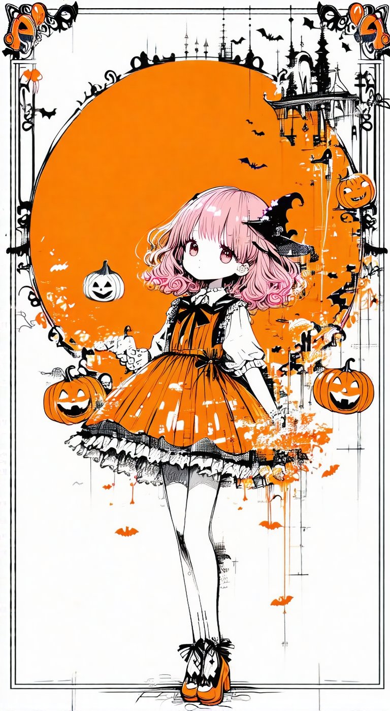 Rough sketch style, An anime-style medium-chested girl wearing a cute pumpkin-themed dress with frills and ribbons. Her dress is orange and black striped, and her hair is bright pink with fluffy curls. In the background is a bright orange circle with a double exposure of floating jack-o-lanterns and Halloween decorations. A thin decorative frame surrounds the entire piece, creating a fun atmosphere.