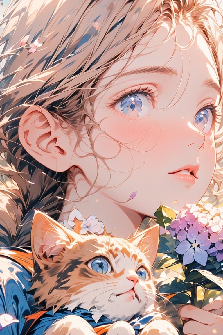 Masterpiece, beautiful details, perfect focus, uniform 8K wallpaper, high resolution, exquisite texture in every detail, girl focus, ((super super super close-up: 2.0)), 1girl, solo, looking at the viewer, blushing, bangs, blue eyes, clear eyes, brown hair, braided hair, holding, flower, parted lips, sun, lips, petals, eyelashes, off-shoulder dress, animal, sunlight, cat, hydrangea, portrait, close-up, purple flower, branch, holding animal, holding cat