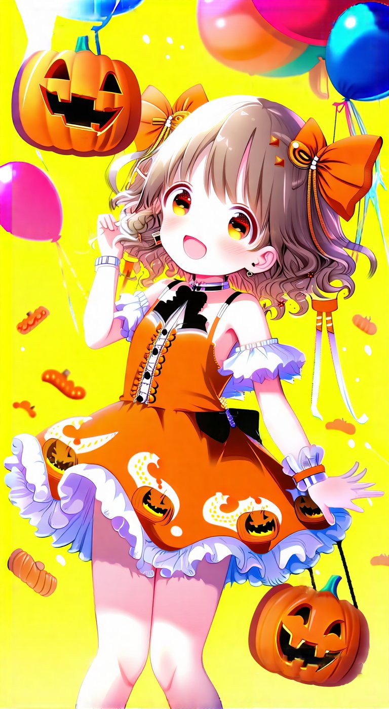 anime, A cute smiling girl is wearing an off-shoulder dress with an orange pumpkin motif. Her dress has frills and ribbons, and she wears accessories with a pumpkin face design. Her hairstyle is fluffy curls and her hair color is bright orange. The bright yellow background features floating jack-o-lanterns and colorful balloons, creating a fun Halloween atmosphere.