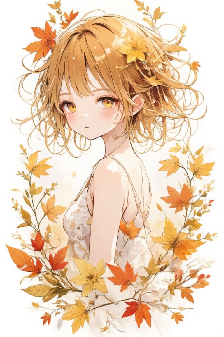 A delicate autumnal scene unfolds: a kawaii girl,  her hair a warm honey hue,  stands amidst rustling leaves by 🌻KEI🌻 on...