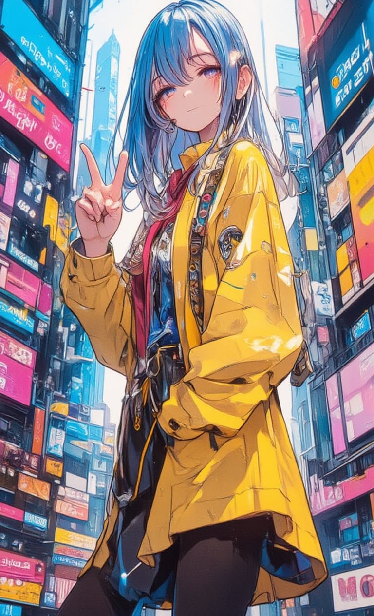 In a colorful cityscape with an isometric design, a girl wearing a pop yellow jacket stands with a happy smile on her face. She has straight hair down to her shoulders and her hair color is bright blue. Her blue eyes sparkle, one hand on her hip and the other making a peace sign. The buildings and street lights in her background complement her bright atmosphere and add vibrancy to the whole image.