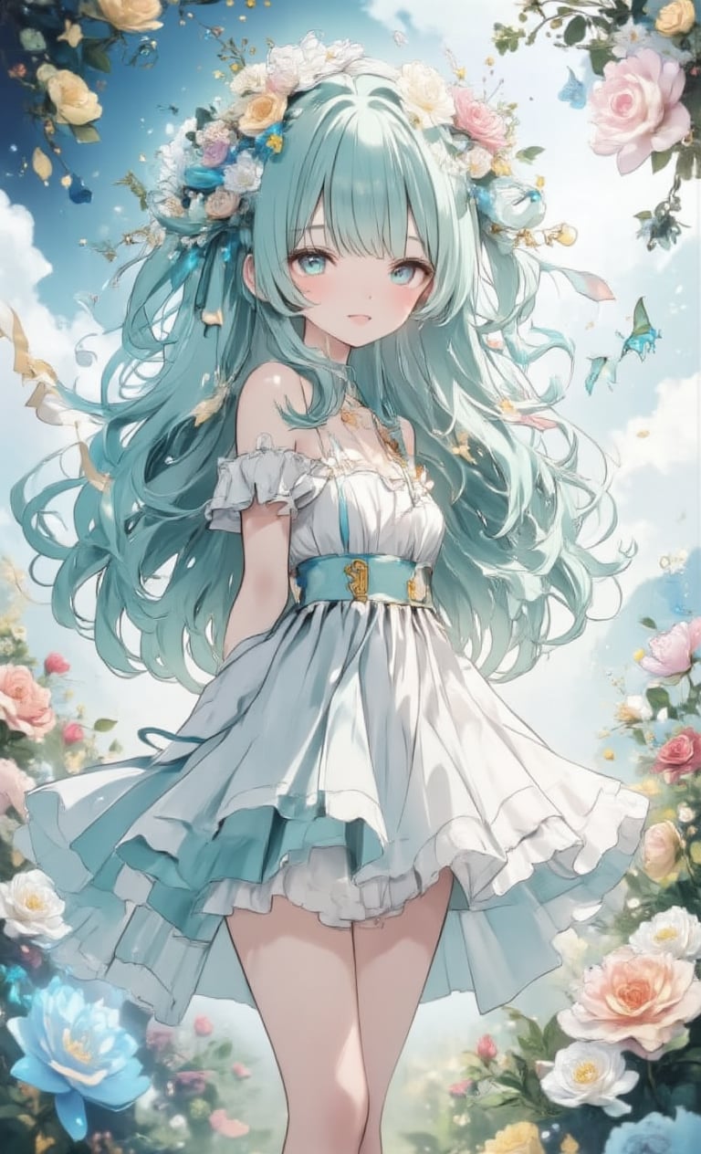 A girl with a mysterious smile has long curly teal green hair and wears a fluffy pastel colored dress. Magical light effects float around her, and a dreamy flower field spreads out in the background. The camera angle uses subtle light flares and blurring effects to capture her figure gently. The frame is decorated with sparkling stars and ribbons, further enhancing the magical atmosphere. ,acryli painting,Anime style,VNS_Add more details,Made in abyss manga