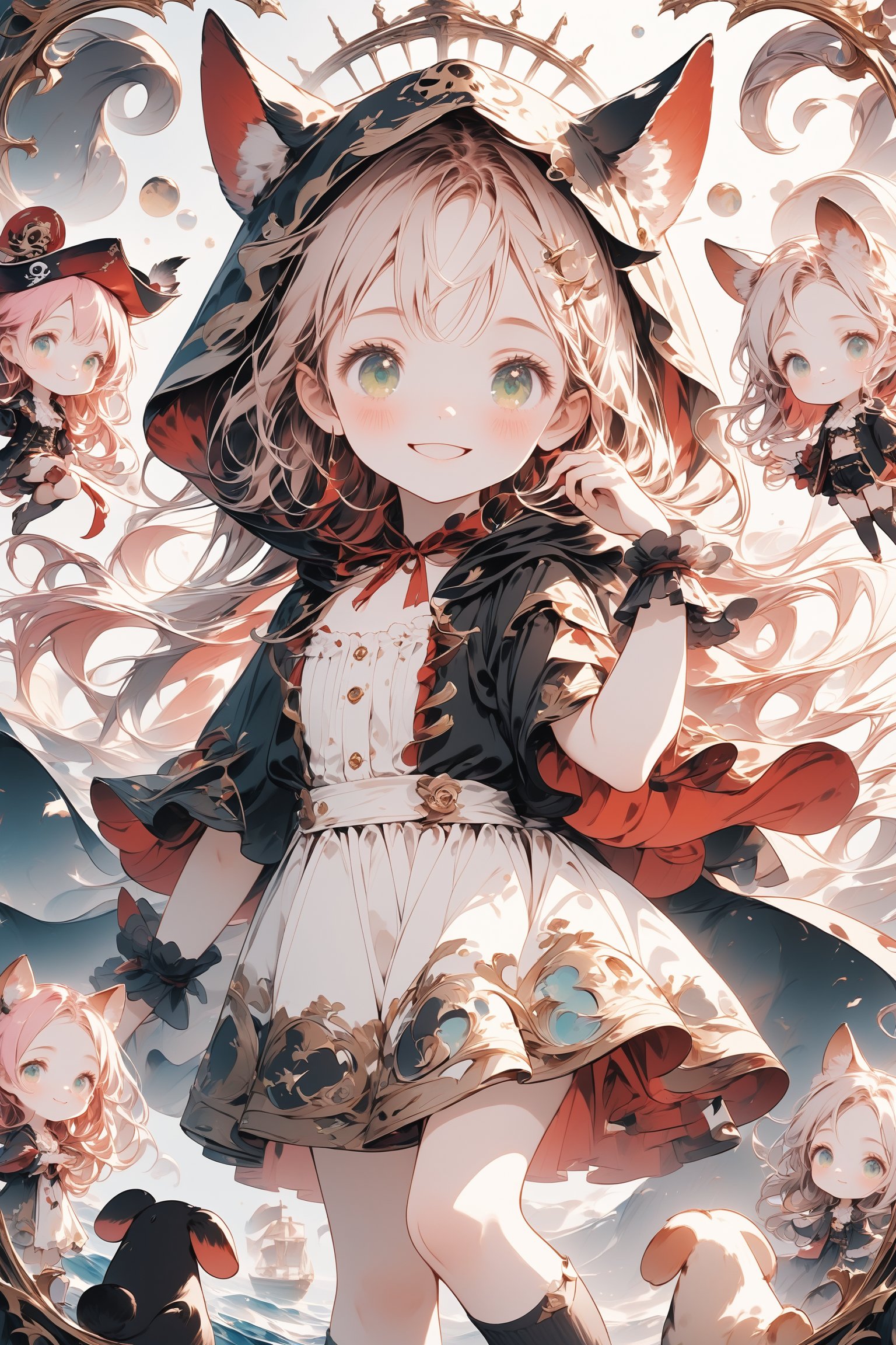 A captivating Chibi scene unfolds on a uniform 8K wallpaper with perfect focus. A single girl,  adorned with long hair and...