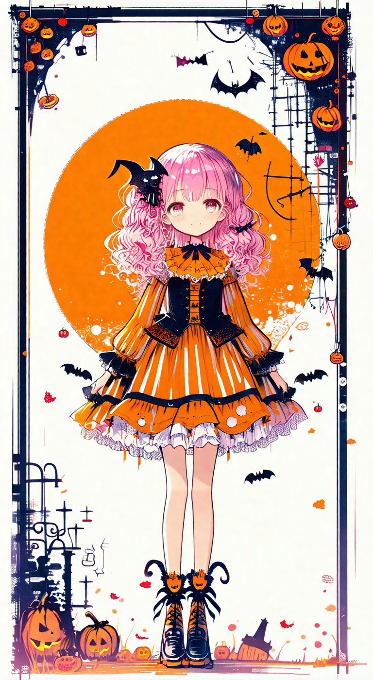 Rough sketch style, An anime-style medium-chested girl wearing a cute pumpkin-themed dress with frills and ribbons. Her dress is orange and black striped, and her hair is bright pink with fluffy curls. In the background is a bright orange circle with a double exposure of floating jack-o-lanterns and Halloween decorations. A thin decorative frame surrounds the entire piece, creating a fun atmosphere.