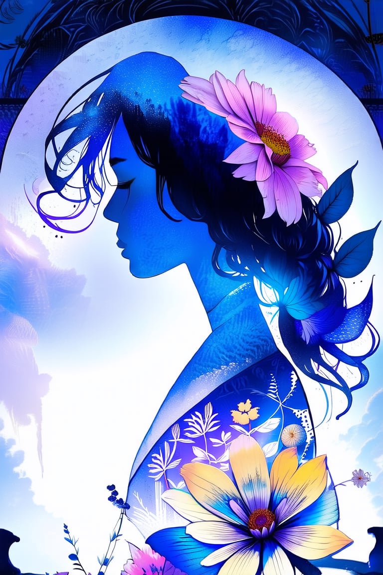 anime style,  masterpiece,  silhouette of a woman in profile. Inside the silhouette you can see the double exposure with a...