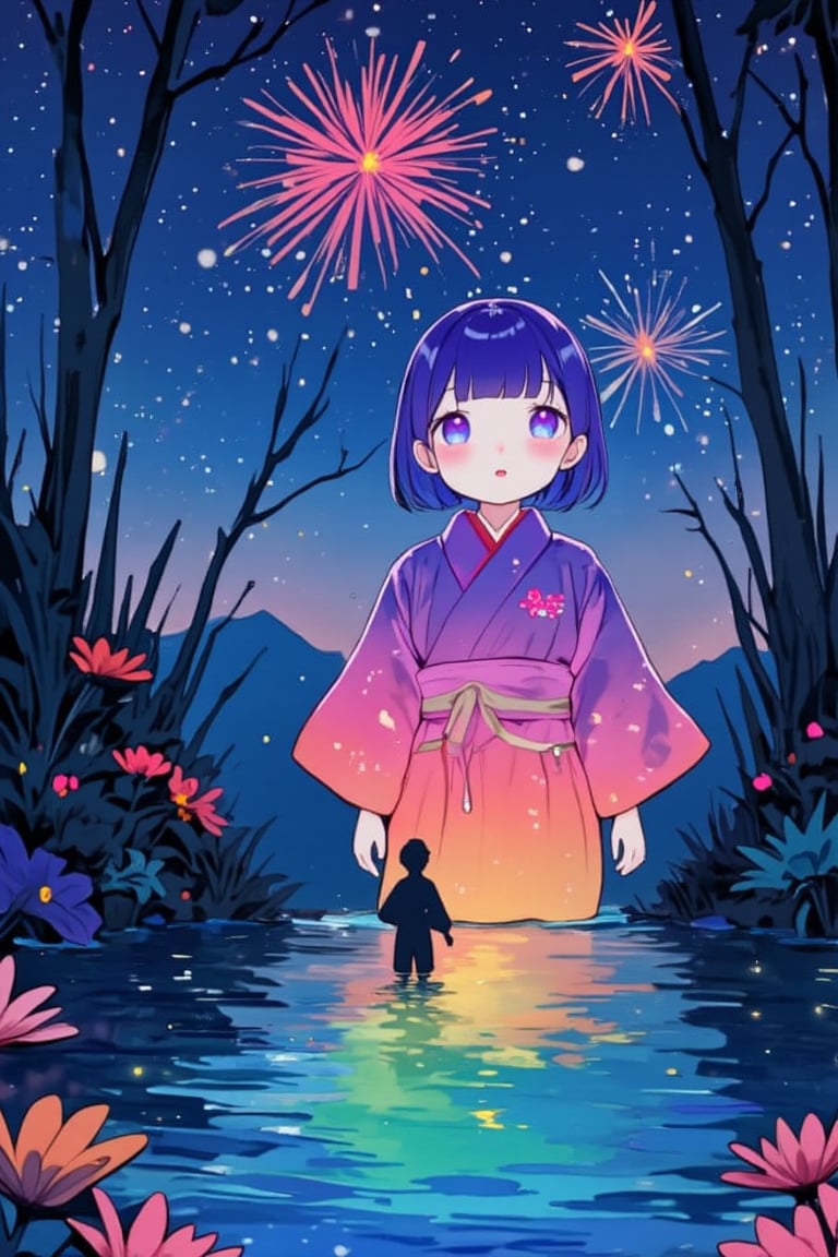 Microphotography, Anime girl made of glass in kimono silhouette, vibrant rainbow river, fireworks in night sky, colorful coral reefs, detailed illustration, Ukiyo-e style --ar 3:4 --style raw --stylize 600 --niji 6,acryli painting