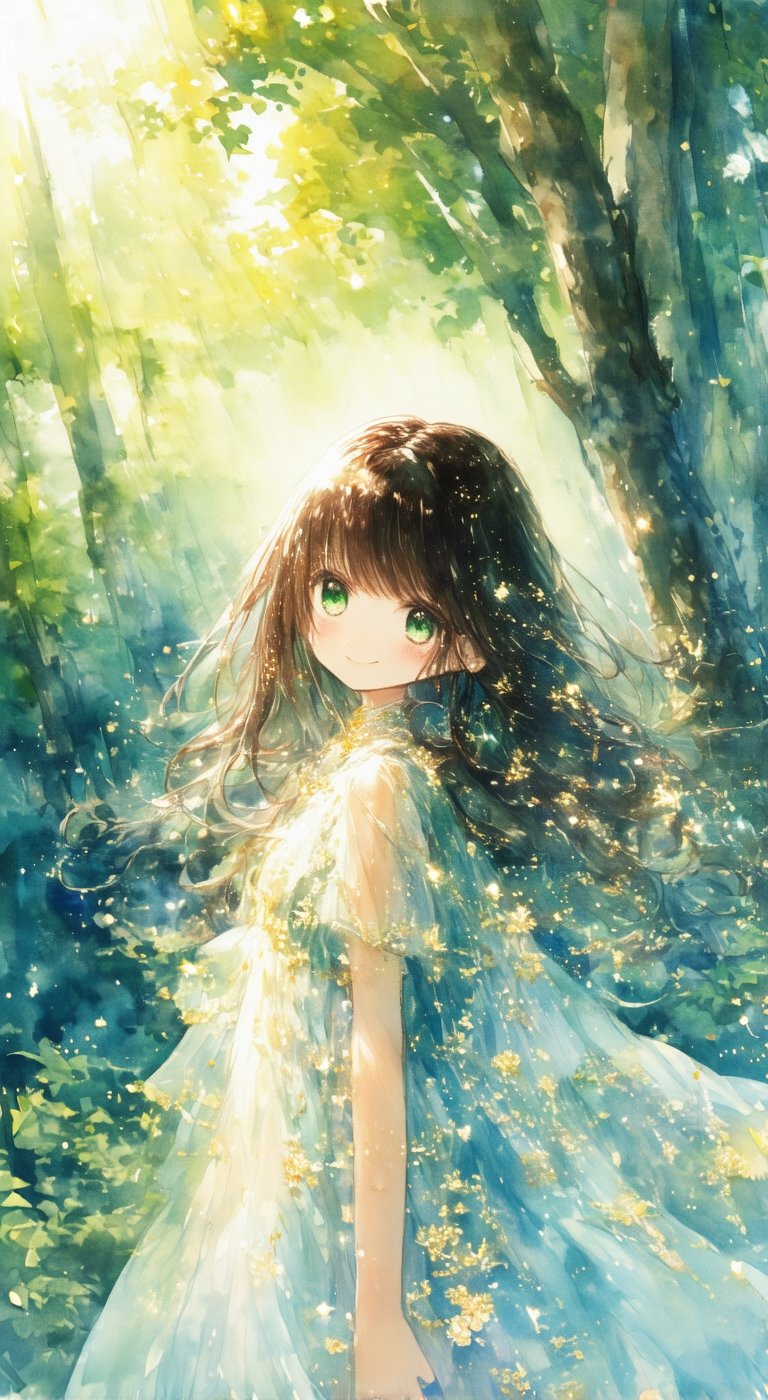 Rough sketch style, anime style A girl with long dark brown straight hair flowing down her back stands in the forest. Her hair shines softly in the sunlight filtering through the trees, making it look like golden thread. The camera is angled from above so that her entire face is visible. She is wearing a thin chiffon dress, and the material is light and transparent, as if it were wrapped in air. Her dress is pale blue and has a detailed floral pattern embroidered on the hem, giving the impression that she is part of the forest herself. There are tall trees in the background, and the light shining through them illuminates her surroundings. Using depth of field, the background is softly blurred, making her presence stand out. The surrounding trees create a mysterious atmosphere, and minute particles of light dance between the leaves, making it look like stardust is falling down. Her eyes are deep green and shine as if she knows some secret hidden deep in the forest. Her smile is gentle and gives peace to the viewer, as if a forest spirit has taken human form. .,watercolor \(medium\)