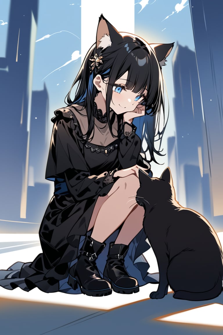 A serene masterpiece unfolds. A beautiful girl with long black hair and blue eyes crouches outdoors,  gazing lovingly at a...