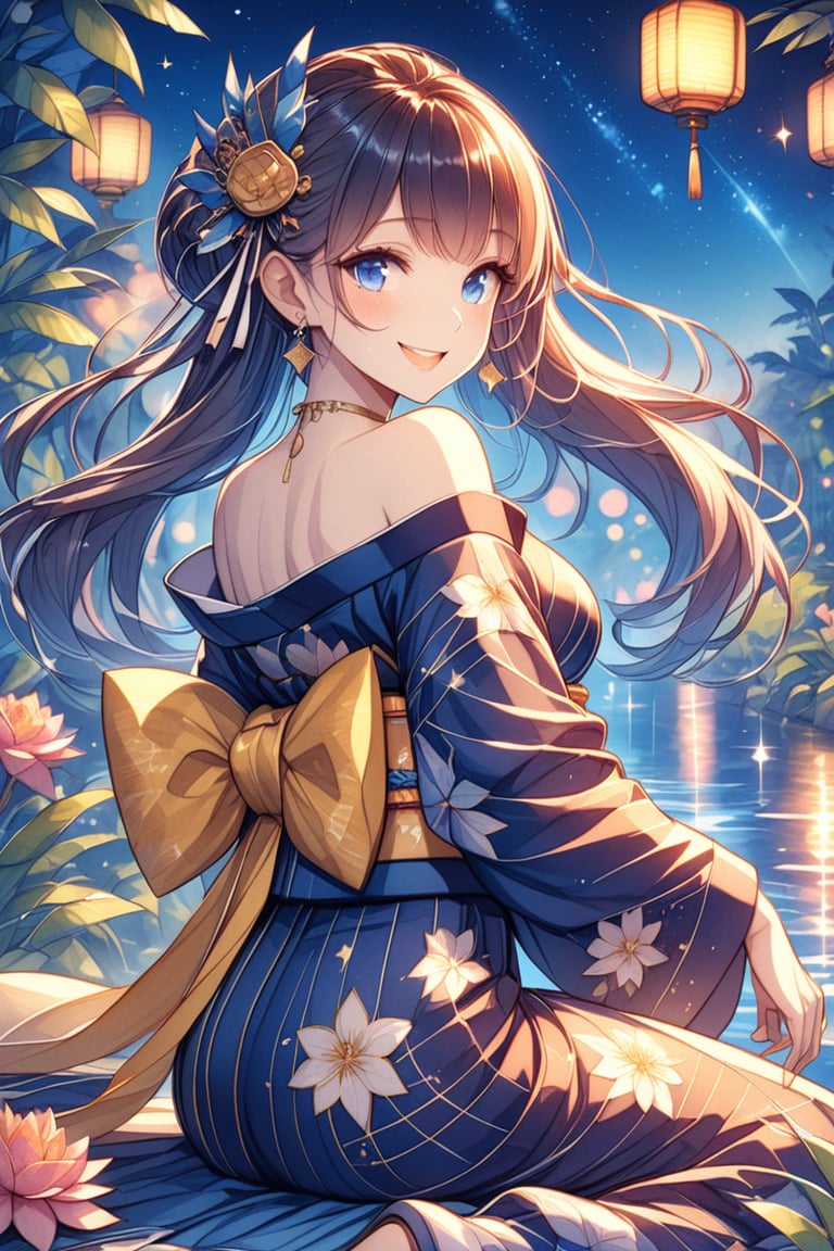 In a serene night scene, a woman sits solo, looking back at the viewer with a blushing smile. Her blue eyes sparkle as her bangs frame her face, adorned with a hair accessory. Long sleeves and a ribbon accentuate her kimono, patterned with yukata designs. Bamboo leaves and grass surround her, leading to the tranquil water's edge. The night sky above is a deep shade of indigo, with stars twinkling like diamonds in a starry Milky Way. From behind, the obi wraps around her waist, adding an air of mystique to this masterpiece.