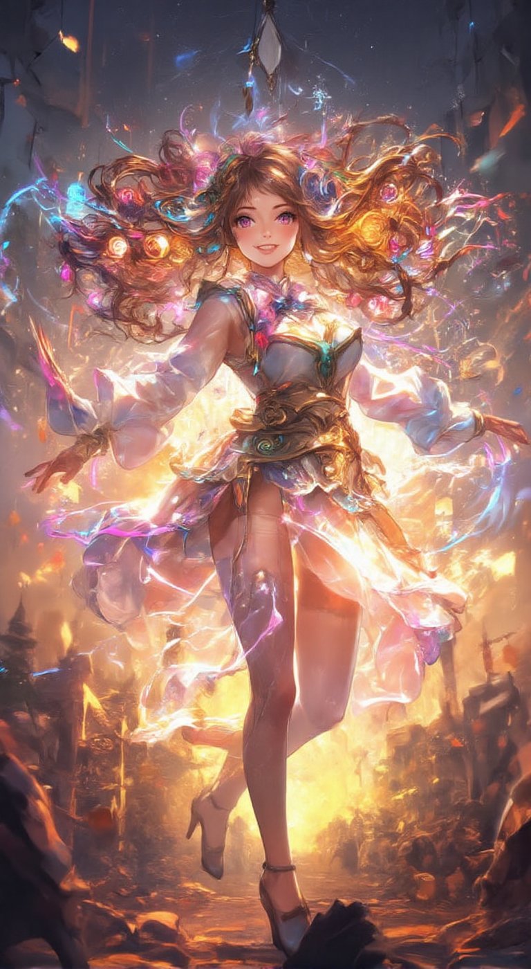 A whimsical young girl radiates joy,  suspended mid-air amidst a vibrant festival scene. A kaleidoscope of lights - strobe...