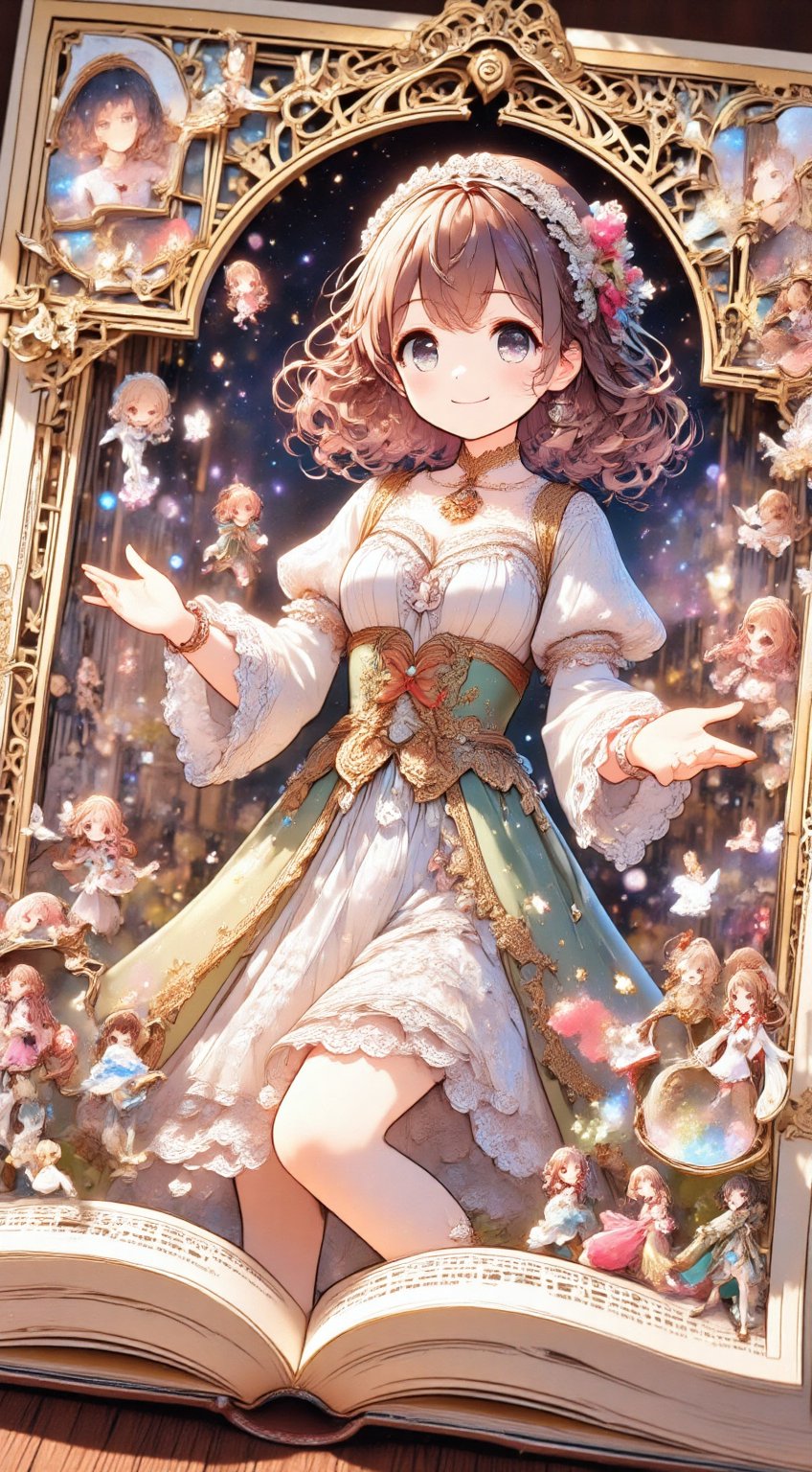 A fairy tale anime girl inside a book-shaped porta frame,  like a pop-up shadowbox,  (Outfit: Classic fairy tale style lon...