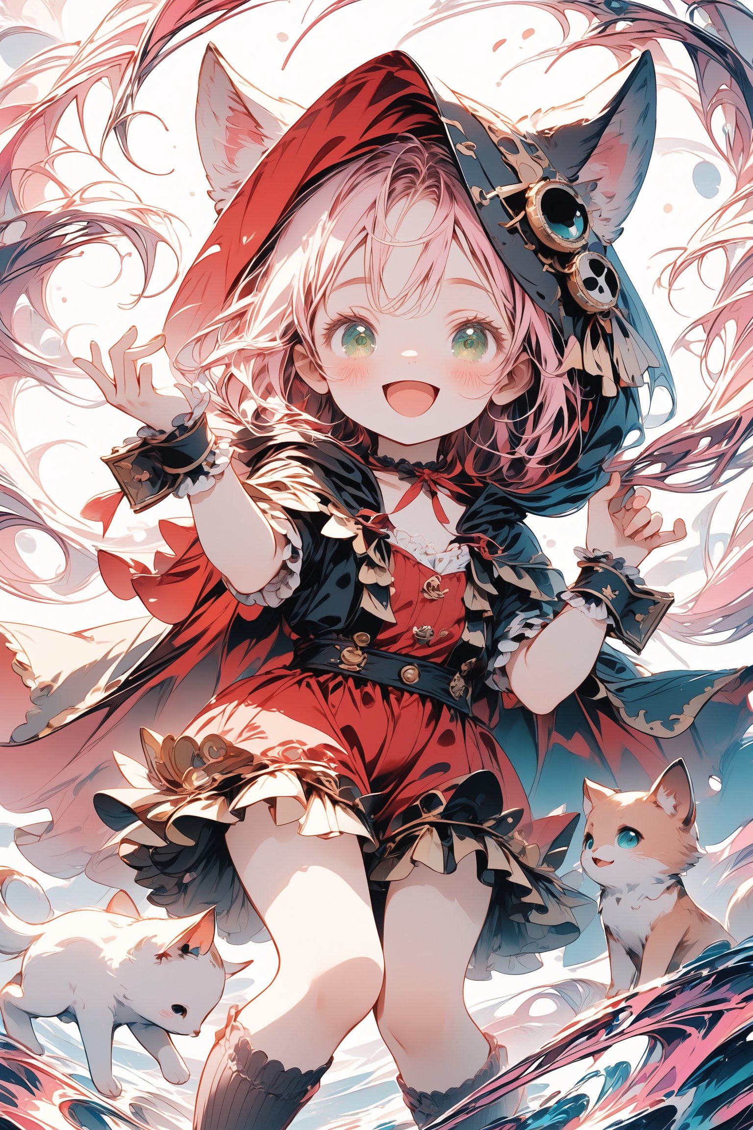 Close-up shot of a Chibi-style girl with long,  flowing pink hair and blushing expression. She's dressed in a pirate-inspi...