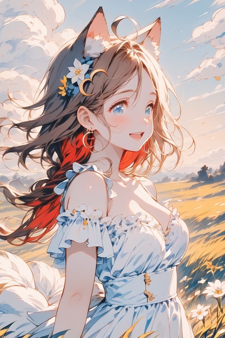 Masterpiece, highest quality, aesthetic, traditional media,
\\character
        1 Girl, solo, looking at camera, blue eyes, clear eyes, smile, happiness, open mouth, (fluffy cat ears: 1.1), cheeks, ahoge, brown hair, single braid, (red inner hair: 1.3) , (straight) ) ) bangs: 1.5), ((big red ribbon: 1.5)), (crescent hair ornament: 1.3), mid-chest, cleavage, crystal earrings,
break
hair ornament, dress, animal ears, bare shoulders, jewelry, medium breasts, closed mouth, standing, flowers, short sleeves, outdoors, sky, clouds, flowers in hair, white dress, blurred, bracelet, from the side, animal ear fluff, floating hair, white flower, red flower, sunset, field